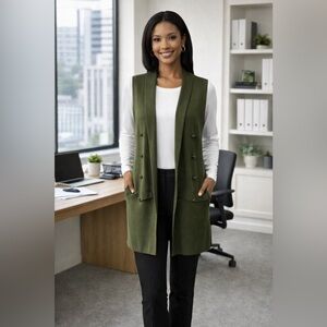 Olive Green Long Sleeveless Waterfall Open Knit Vest Sz M